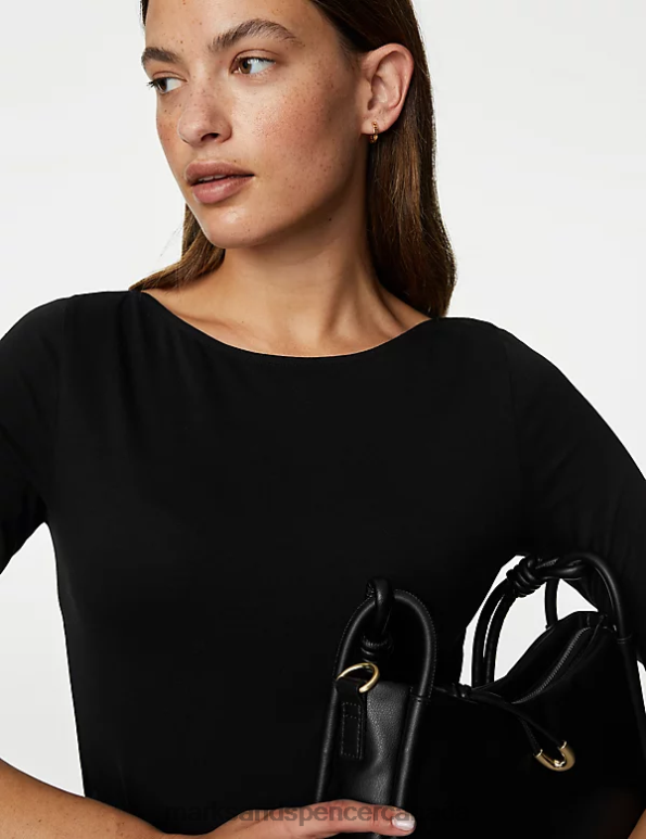 Marks and Spencer near me - Women Black Clothing Marks & Spencer Cotton Rich Slim Fit 3/4 Sleeve T-Shirt 20VTD1217