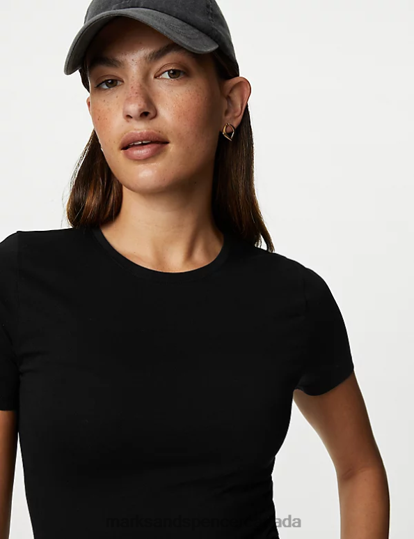 Women Black Clothing Marks & Spencer Cotton Rich Slim Fit T-Shirt 20VTD1806 - Marks and Spencer outlet