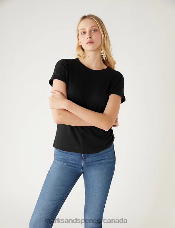 Women Black Clothing Marks & Spencer Linen Rich T-Shirt 20VTD2477 - Marks and Spencer Canada locations