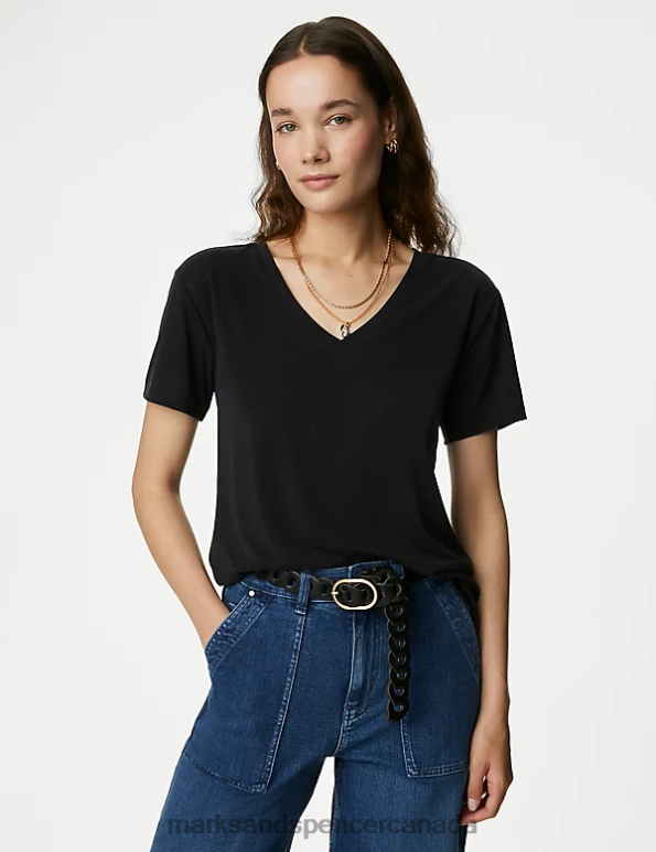 Marks and Spencer near me - Women Black Clothing Marks & Spencer Modal Rich V-Neck T-Shirt 20VTD2299