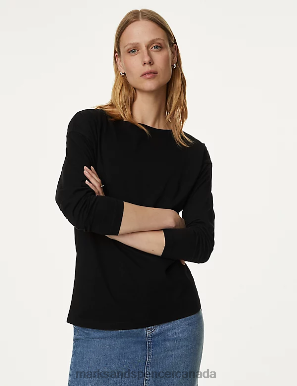 Women Black Clothing Marks & Spencer Pure Cotton Everyday Fit Top 20VTD723 - Marks and Spencer Canada locations