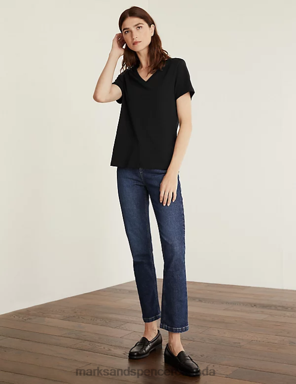 Women Black Clothing Marks & Spencer Pure Cotton V-Neck T-Shirt 20VTD2418 - Marks and Spencer outlet