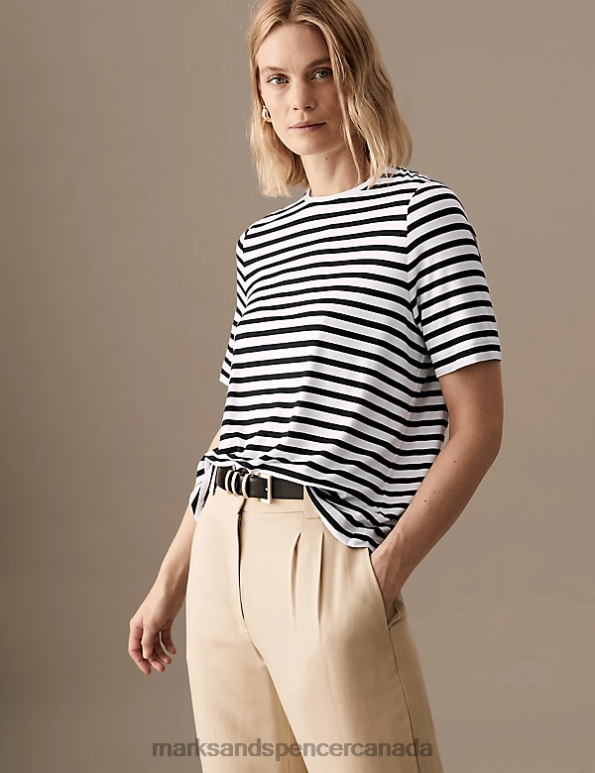 Women Black Mix Clothing Marks & Spencer Jersey Striped Round Neck Relaxed T-Shirt 20VTD3175 - Marks and Spencer outlet