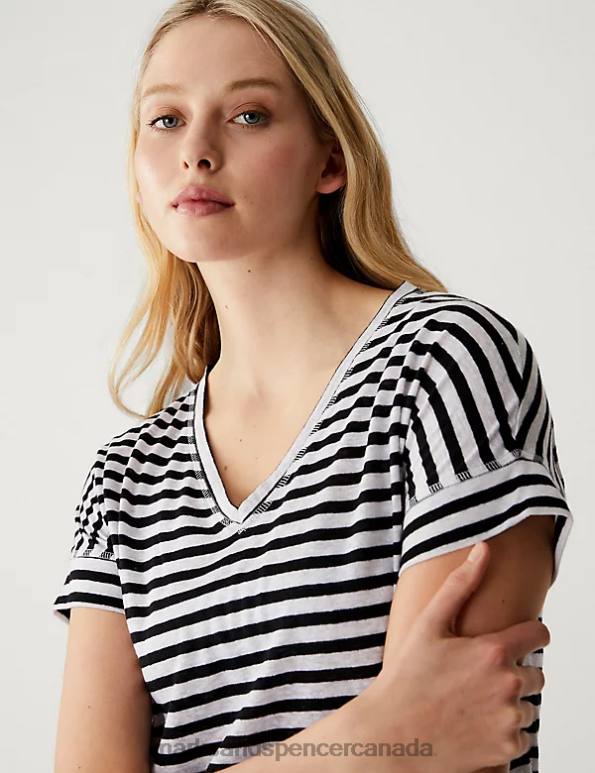 Marks and Spencer near me - Women Black Mix Clothing Marks & Spencer Linen Rich Striped V-Neck T-Shirt 20VTD2163