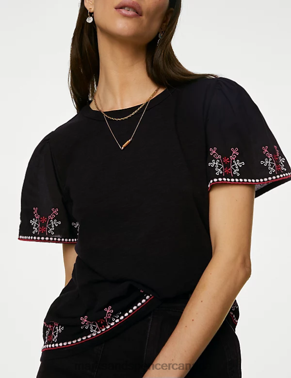 Women Black Mix Clothing Marks & Spencer Pure Cotton Embroidered T-Shirt 20VTD3137 - Marks and Spencer Canada locations