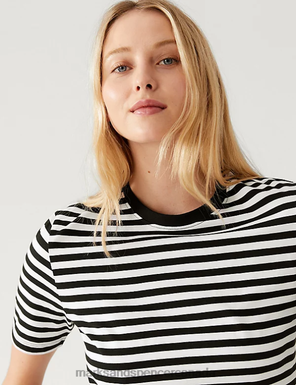 Women Black Mix Clothing Marks & Spencer Pure Cotton Striped Everyday Fit T-Shirt 20VTD2209 - Marks and Spencer Canada locations