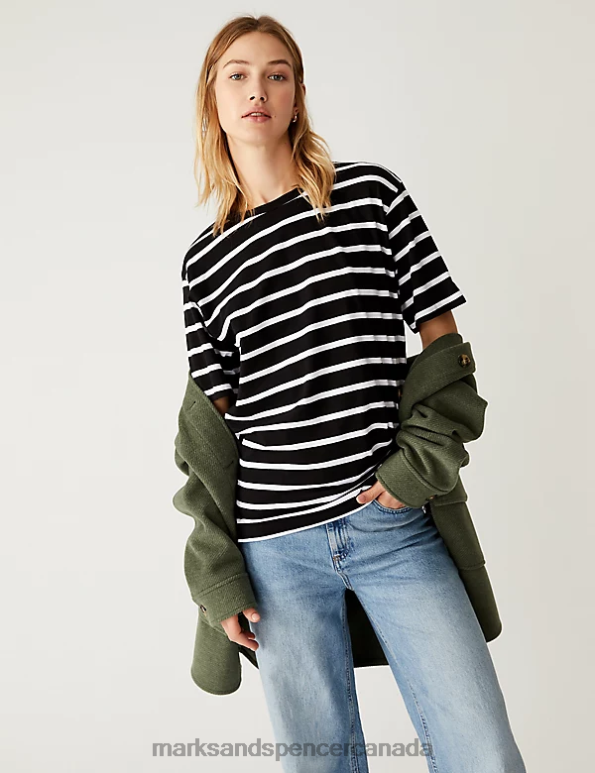 Marks and Spencer Canada - Women Black Mix Clothing Marks & Spencer Pure Cotton Striped Oversized T-Shirt 20VTD2808