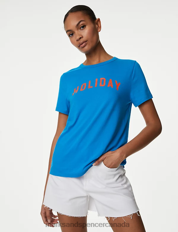 Women Blue Mix Clothing Marks & Spencer Cotton Modal Blend Slogan T-Shirt 20VTD1242 - Marks and Spencer Canada locations