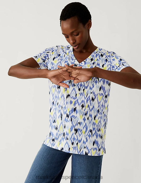 Women Blue Mix Clothing Marks & Spencer Printed Relaxed Longline T-Shirt 20VTD2701 - Marks and Spencer online