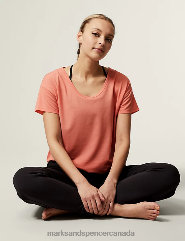 Marks and Spencer near me - Women Bright Coral Clothing Marks & Spencer Scoop Neck Cross Back Yoga T-Shirt 20VTD2981