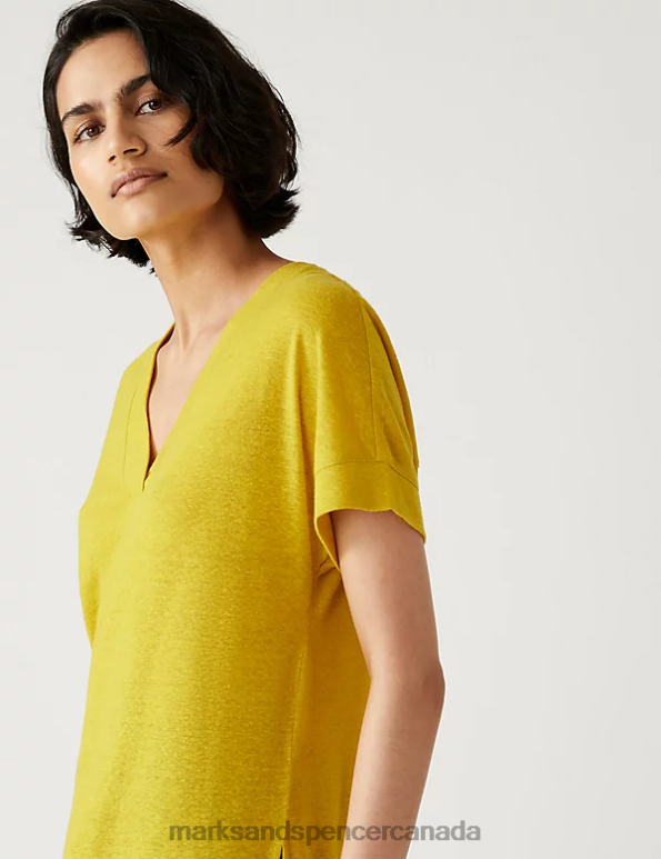 Marks and Spencer near me - Women Bright Yellow Clothing Marks & Spencer Linen Rich Regular Fit T-Shirt 20VTD2815