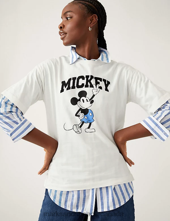 Women Ivory Mix Clothing Marks & Spencer Pure Cotton Mickey Mouse Oversized T-Shirt 20VTD986 - Marks and Spencer online