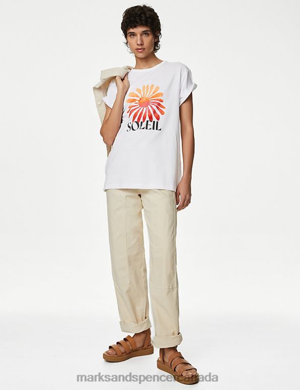 Women Ivory Mix Clothing Marks & Spencer Pure Cotton Printed Oversized T-Shirt 20VTD2481 - Marks and Spencer outlet