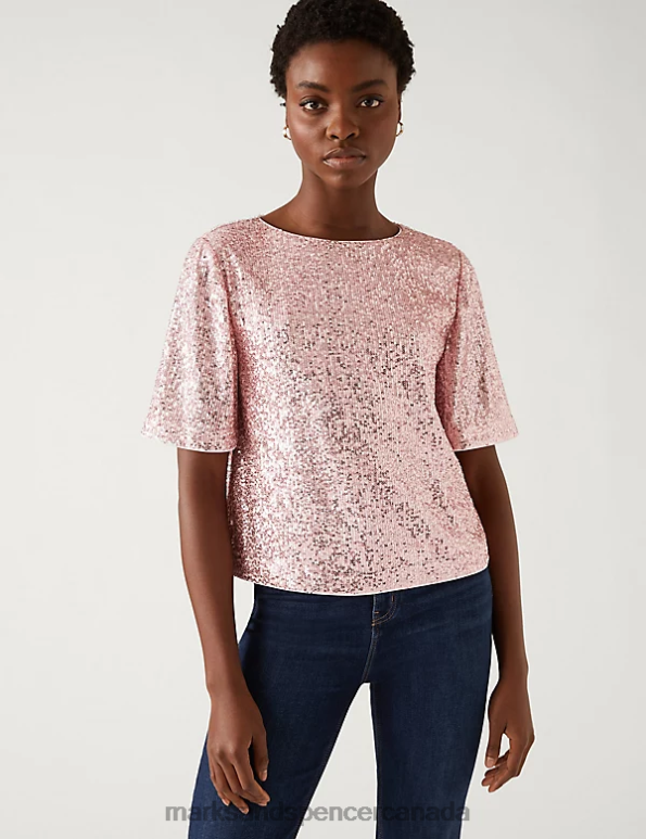 Marks and Spencer near me - Women Light Pink Clothing Marks & Spencer Sequin Regular Fit Top 20VTD2876