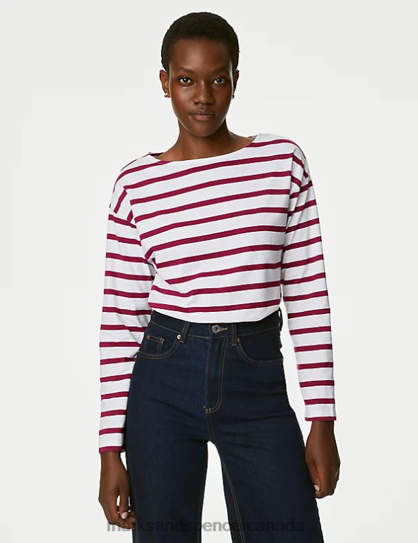 Marks and Spencer near me - Women Magenta Mix Clothing Marks & Spencer Pure Cotton Striped Top 20VTD185