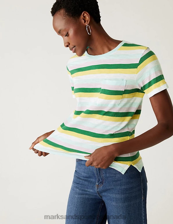 Women Multi Clothing Marks & Spencer Pure Cotton Striped Pocket T-Shirt 20VTD2066 - Marks and Spencer online