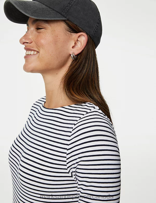 Women Navy Mix Clothing Marks & Spencer Cotton Rich Striped Slim Fit T-Shirt 20VTD991 - Marks and Spencer Canada locations