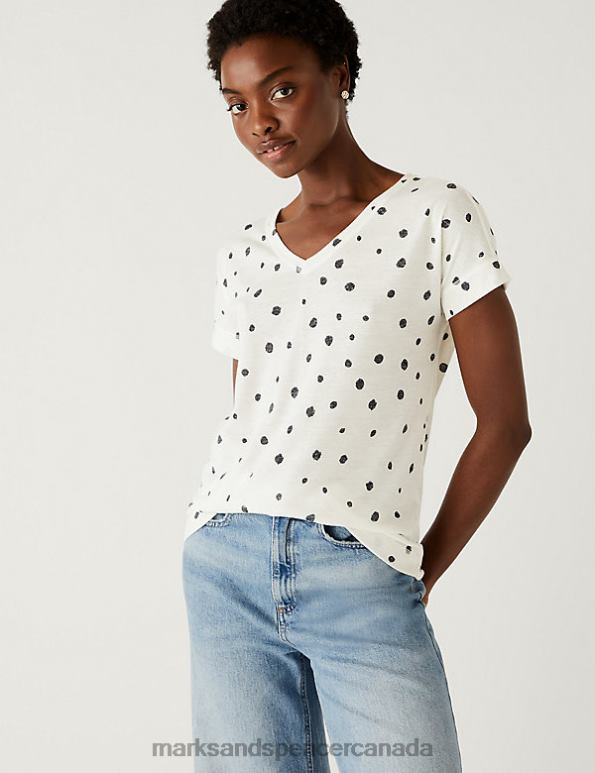 Women Navy Mix Clothing Marks & Spencer Linen Rich Printed V-Neck T-Shirt 20VTD1919 - Marks and Spencer Canada locations