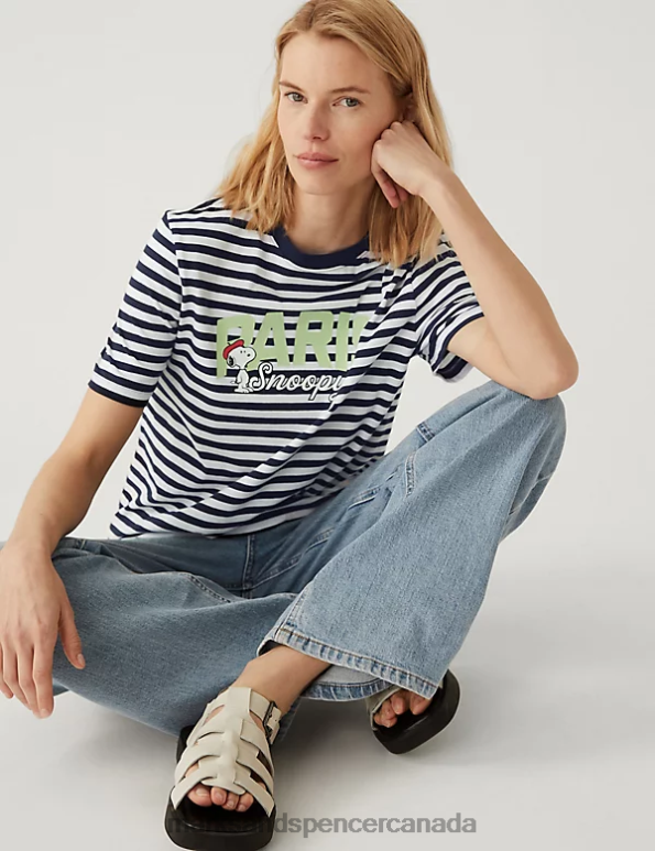 Women Navy Mix Clothing Marks & Spencer Pure Cotton Snoopy Striped T-Shirt 20VTD2721 - Marks and Spencer Canada locations