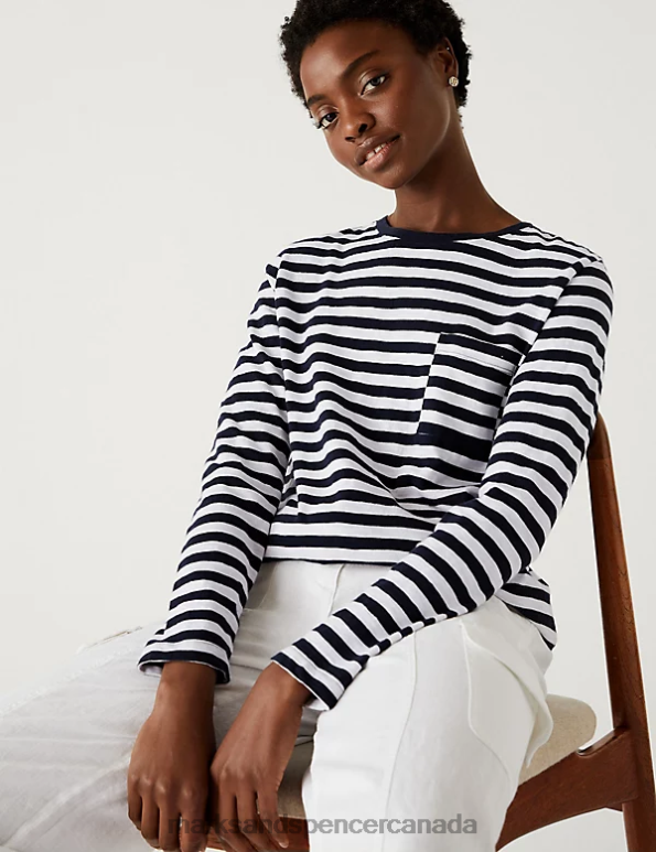 Marks and Spencer near me - Women Navy Mix Clothing Marks & Spencer Pure Cotton Striped Pocket T-Shirt 20VTD2617