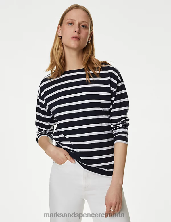 Marks and Spencer Canada - Women Navy Mix Clothing Marks & Spencer Pure Cotton Striped Top 20VTD507