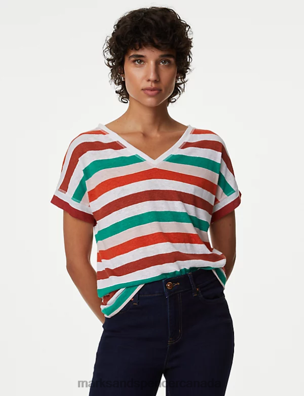 Marks and Spencer near me - Women Orange Mix Clothing Marks & Spencer Linen Rich Striped V-Neck T-Shirt 20VTD2505