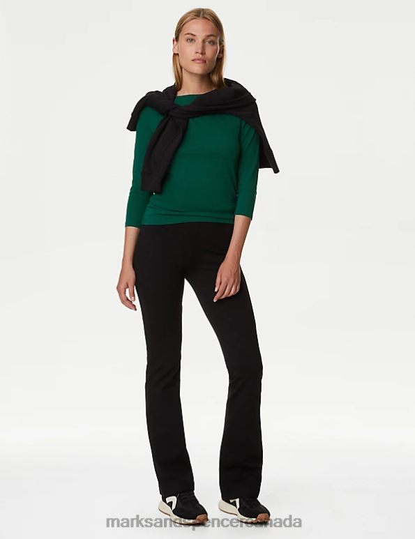 Women Pine Green Clothing Marks & Spencer Cotton Rich Slim Fit 3/4 Sleeve T-Shirt 20VTD1219 - Marks and Spencer online