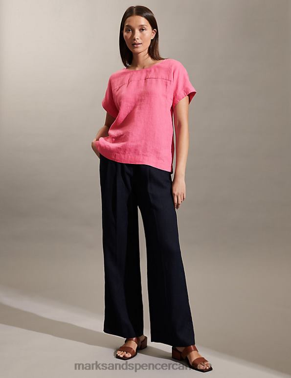 Women Pink Clothing Marks & Spencer Pure Linen Relaxed T-Shirt 20VTD2174 - Marks and Spencer Canada locations