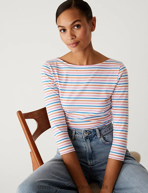 Women Pink Mix Clothing Marks & Spencer Cotton Rich Striped Slim Fit T-Shirt 20VTD1362 - Marks and Spencer Canada locations