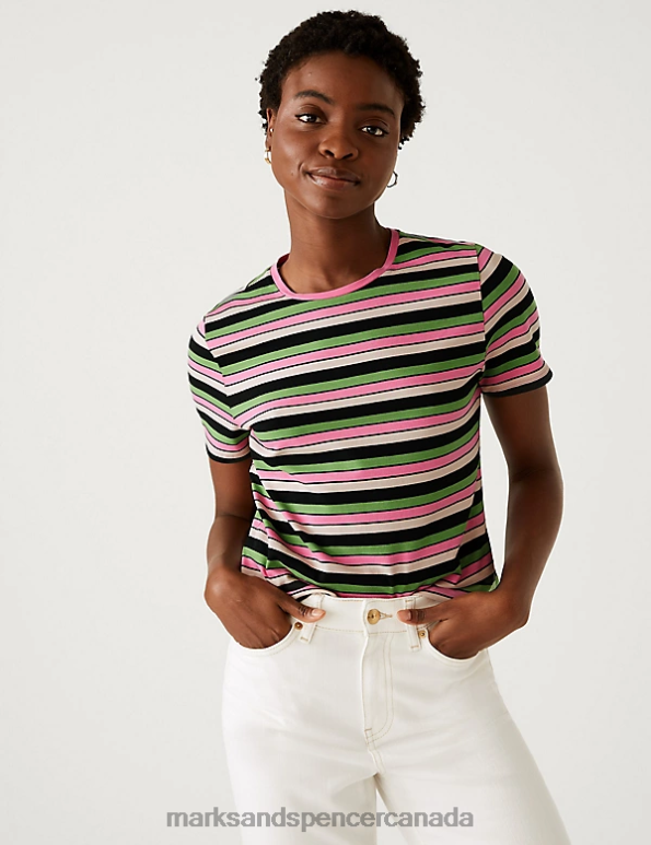 Marks and Spencer sale - Women Pink Mix Clothing Marks & Spencer Cotton Rich Striped Slim Fit T-Shirt 20VTD1579