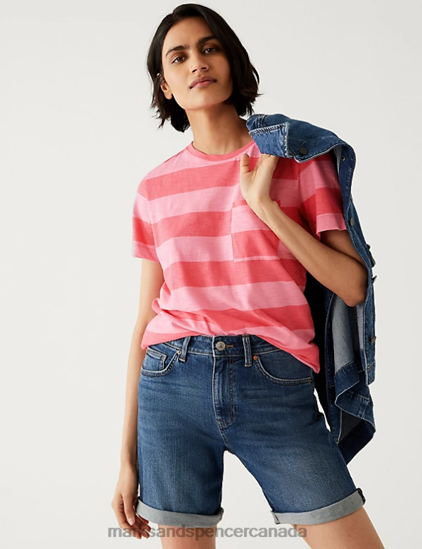 Women Pink Mix Clothing Marks & Spencer Pure Cotton Striped Pocket T-Shirt 20VTD2397 - Marks and Spencer Canada locations