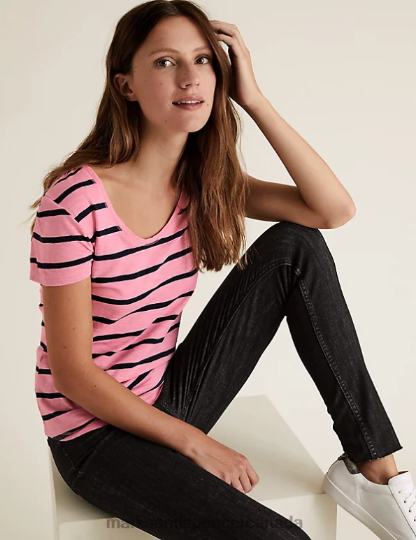 Marks and Spencer Canada - Women Pink Mix Clothing Marks & Spencer Pure Cotton Striped Scoop Neck T-Shirt 20VTD3278