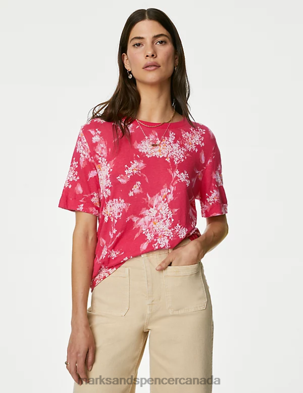 Marks and Spencer sale - Women Ruby Clothing Marks & Spencer Linen Blend Geometric Short Sleeve T-Shirt 20VTD2559