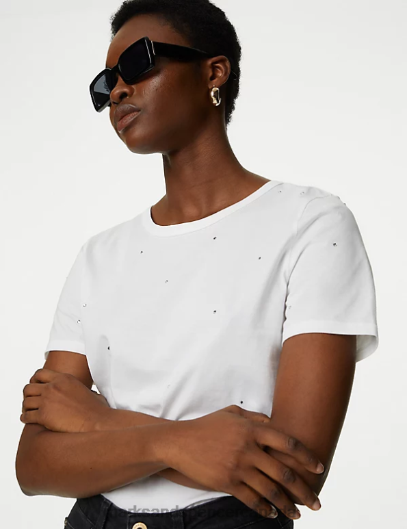 Women Soft White Clothing Marks & Spencer Pure Cotton Embellished T-Shirt 20VTD683 - Marks and Spencer online