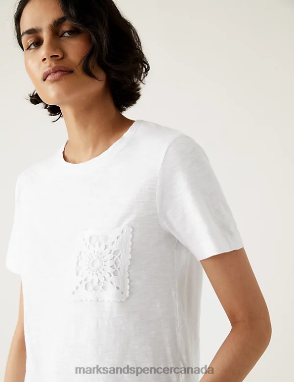 Women Soft White Clothing Marks & Spencer Pure Cotton Lace Pocket T-Shirt 20VTD2578 - Marks and Spencer Canada locations