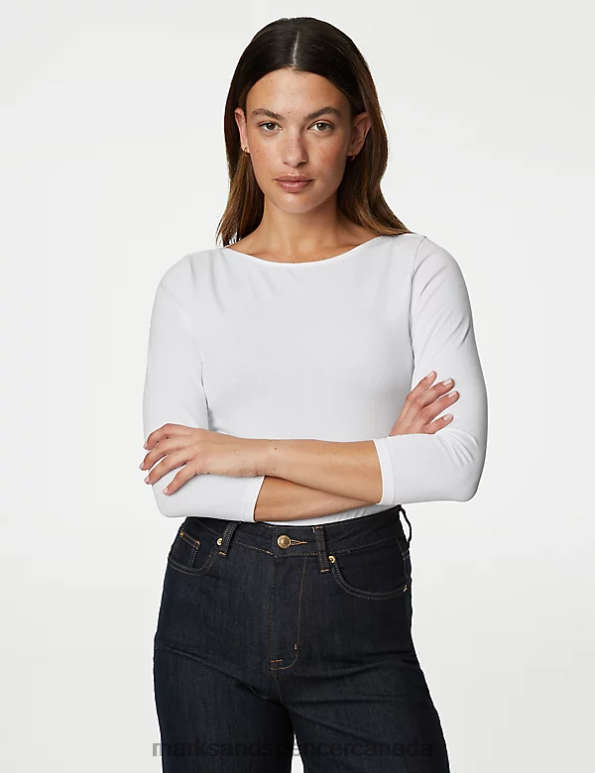 Women White Clothing Marks & Spencer Cotton Rich Slim Fit 3/4 Sleeve T-Shirt 20VTD833 - Marks and Spencer outlet