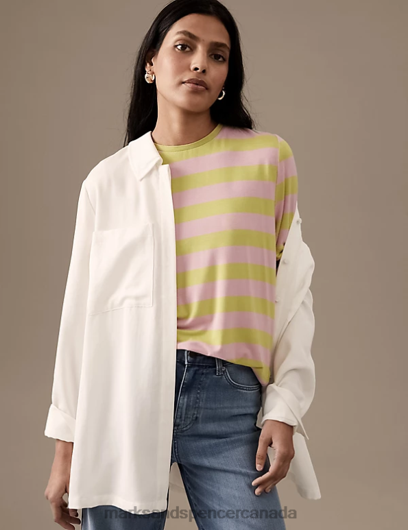 Women Yellow Mix Clothing Marks & Spencer Jersey Striped Crew Neck T-Shirt 20VTD2785 - Marks and Spencer online