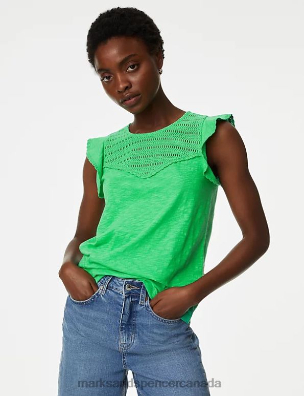 Women Acid Green Clothing Marks & Spencer Pure Cotton Embroidered Frill Detail Top 20VTD1209 - Marks and Spencer outlet