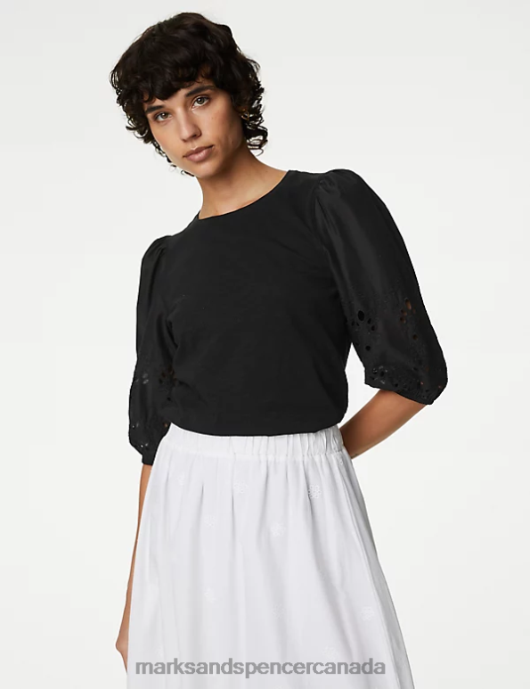 Marks and Spencer Canada - Women Black Clothing Marks & Spencer Pure Cotton Broderie Top 20VTD725