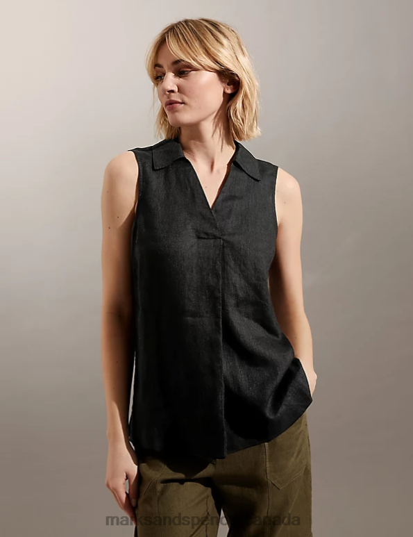 Marks and Spencer near me - Women Black Clothing Marks & Spencer Pure Linen Relaxed Shell Top 20VTD2067