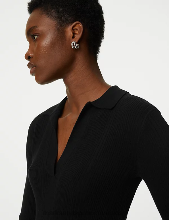 Women Black Clothing Marks & Spencer Ribbed Collared Fitted Knitted Top 20VTD1023 - Marks and Spencer Canada locations