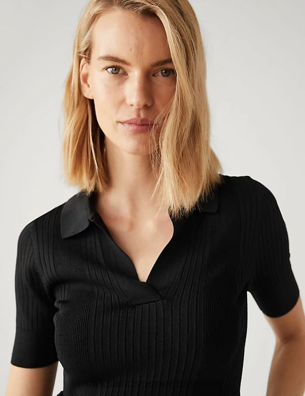 Women Black Clothing Marks & Spencer Ribbed Collared Knitted Top 20VTD2050 - Marks and Spencer Canada locations