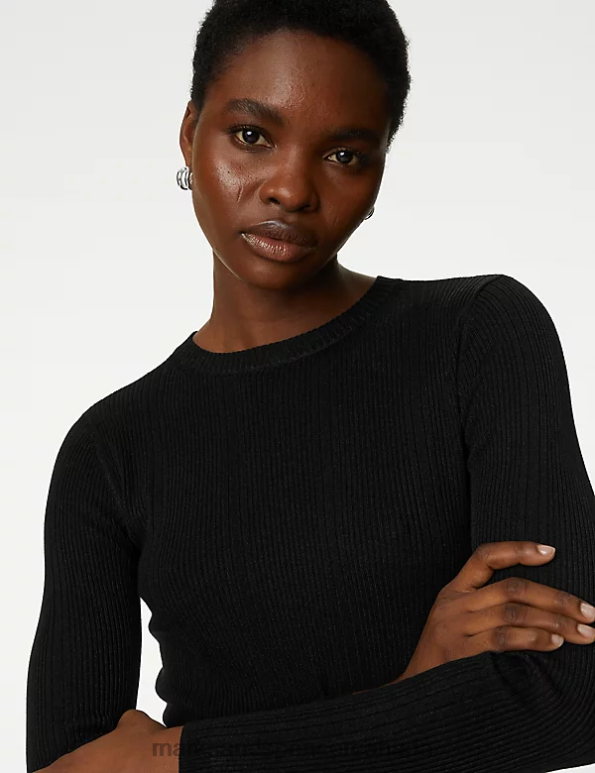 Marks and Spencer near me - Women Black Clothing Marks & Spencer Ribbed Crew Neck Fitted Knitted Top 20VTD1230