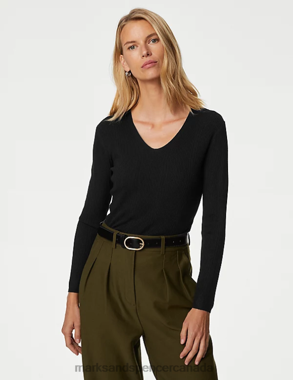 Marks and Spencer sale - Women Black Clothing Marks & Spencer Ribbed V-Neck Knitted Top 20VTD203