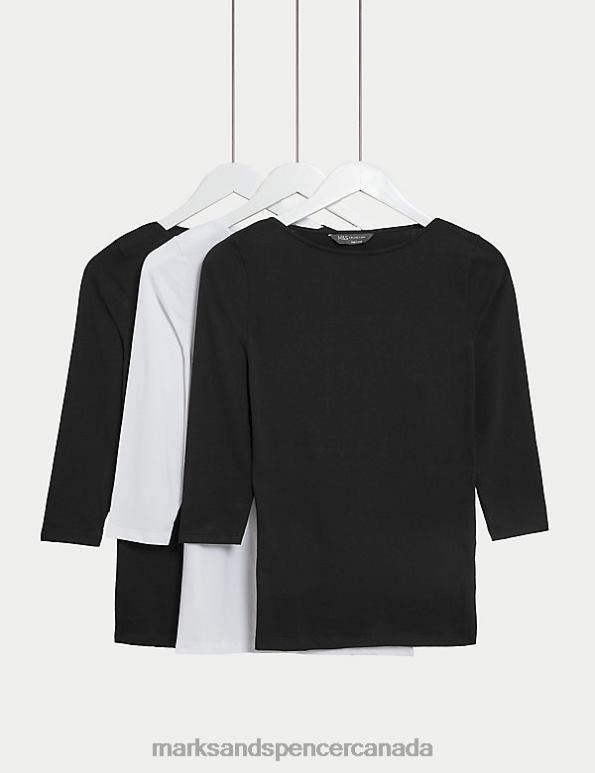 Women Black Mix Clothing Marks & Spencer 3pk Cotton Rich Slash Neck Fitted Tops 20VTD1799 - Marks and Spencer online