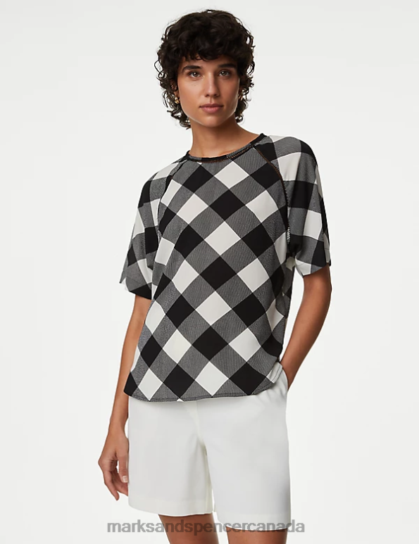 Women Black Mix Clothing Marks & Spencer Checked Top 20VTD1434 - Marks and Spencer outlet