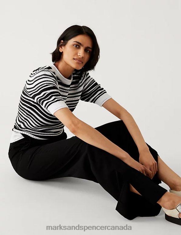 Women Black Mix Clothing Marks & Spencer Cotton Rich Striped Crew Neck Knitted Top 20VTD2416 - Marks and Spencer online