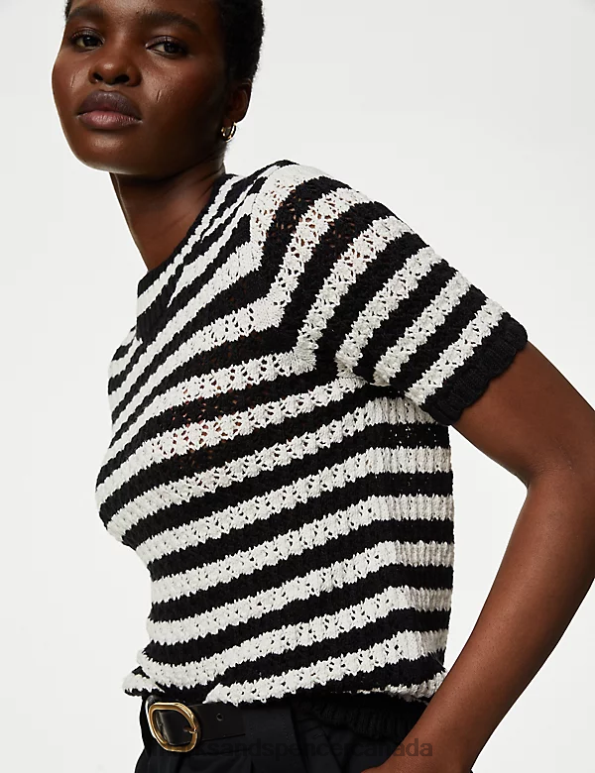 Women Black Mix Clothing Marks & Spencer Cotton Rich Textured Striped Knitted Top 20VTD79 - Marks and Spencer outlet