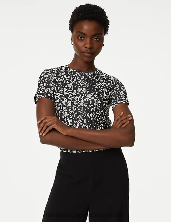 Women Black Mix Clothing Marks & Spencer Printed Mesh Short Sleeve Top 20VTD920 - Marks and Spencer outlet