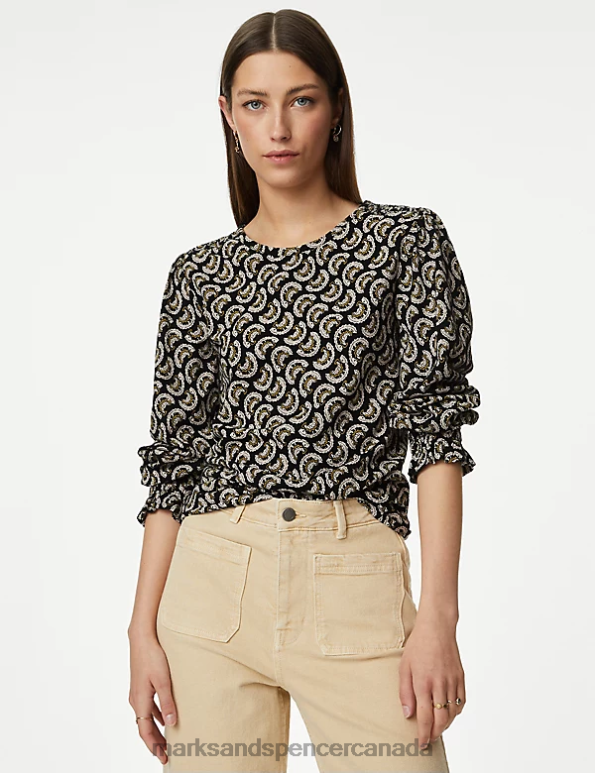 Women Black Mix Clothing Marks & Spencer Pure Cotton Printed Shirred Puff Sleeve Top 20VTD1574 - Marks and Spencer Canada locations